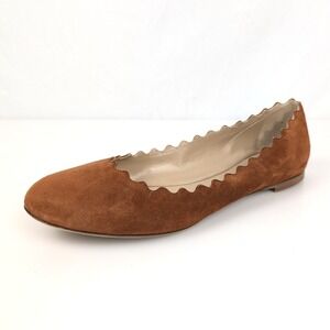 $610 Chloe Suede Lauren Scalloped Ballet Flats Brown Size 6.5 36.5 Preppy Luxury